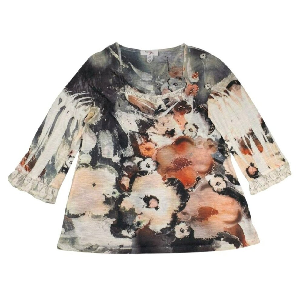 Womans Floral Pattern Top Gray Blush with Bling Crinkle size Medium  JH866